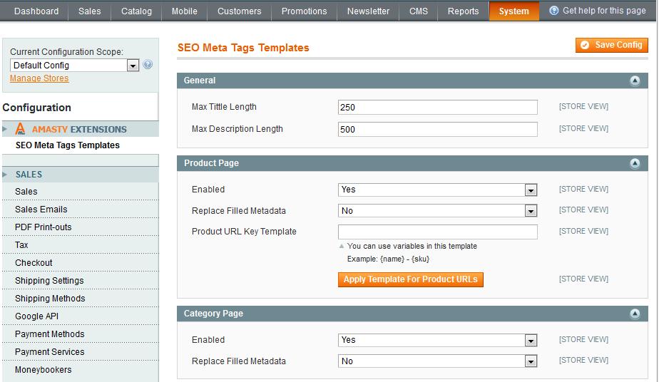 To specify general settings please go to System->Configuration-> SEO Meta Tags Templates 15. Meta Tags Templates: Settings Specify max length for meta title and description.