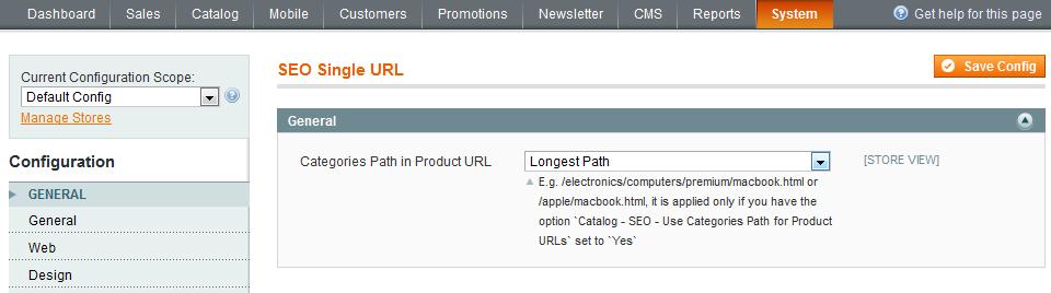 21. Unique Product URL: General Settings Please go to admin panel -> System -> Configuration -> SEO Single URL to manage the extension settings.