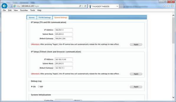 GUI Element IP Setup (TX and RX Communication) IP Address Subnet Mask Default Gateway Apply Description Configures the IP settings in LAN1 (AV) port for communicating with RX/TX devices IP address