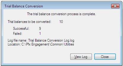 9) When the conversion process is complete, a message box indicating the number of trial balances converted successfully and the number that failed to convert displays.