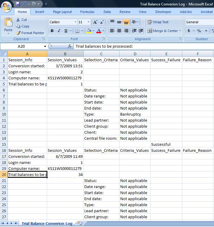The log is now imported into Microsoft Excel