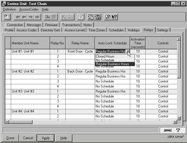 ENTERING AND EDITING UNIT DATA ASSIGNING SCHEDULES TO UNITS/RELAYS (MULTI-LINK SYSTEMS ONLY) 1. At the Sentex Unit Definition window, click the Relays tab. (Figure 29