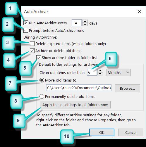 This opens the AutoArchive dialog box. This dialog box is used to turn on AutoArchive to run automatically and set the archive parameters.