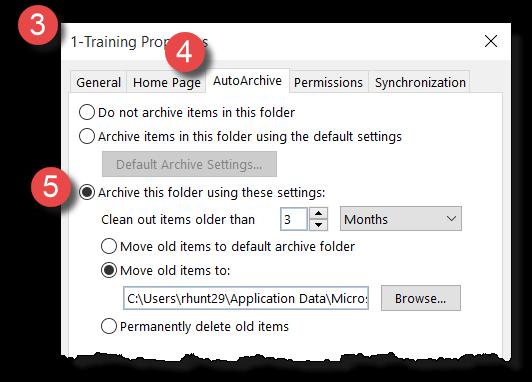 To change an individual folder s AutoArchive settings, do the following: 1. Right click on the folder whose archive settings are to be changed. 2.