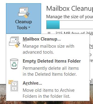 If not visible, right click on a blank area of the Status Bar and select Quota Information form the menu. The Mailbox Cleanup section: 1.