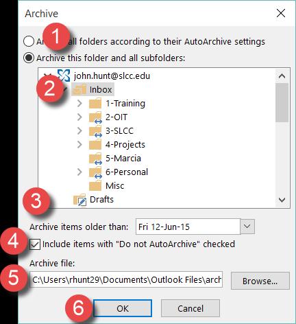 Note: Learn about Outlook s Auto Delete feature on the next page. Selecting Archive opens the Archive dialog box.