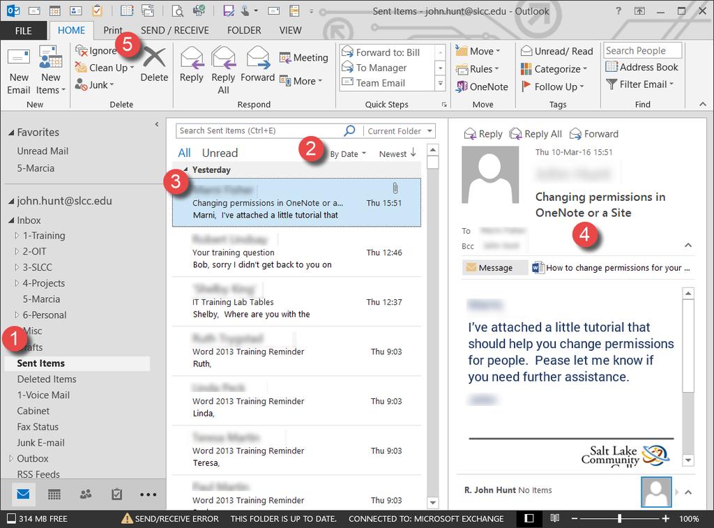 The Sent Items Folder When you send an email, by default Outlook creates a copy of that email, including any attachments, and stores it in the Sent Items folder.