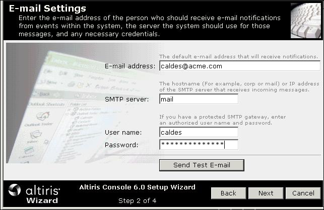 Enter the DNS name or IP address of your SMTP server. You must also enter a valid user name and password to log on to the mail server if your SMTP server requires authentication.