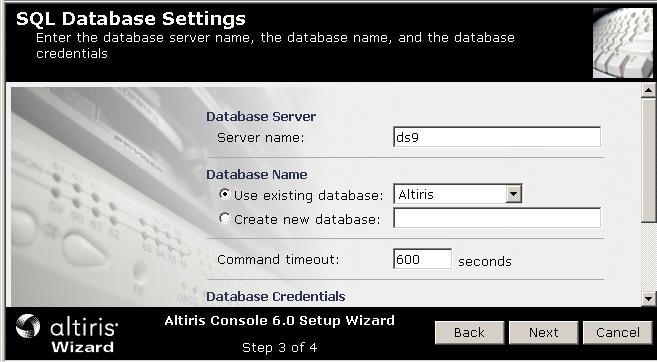 The SQL Database Settings page allows you to set up credentials for the instance of Microsoft SQL Server and the installed Notification Database.