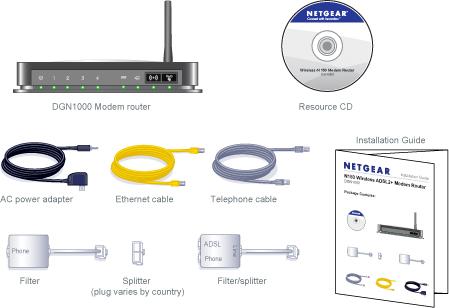 Unpack Your New Router Your box should contain the following items: N150 Wireless ADSL2+ Modem Router DGN1000 AC power adapter (plug varies by region) Category 5 (Cat 5) Ethernet cable Telephone