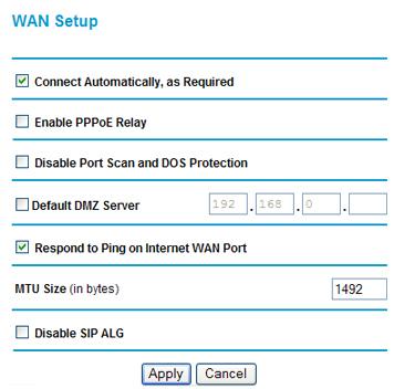 WAN Setup The WAN Setup screen lets you configure a DMZ (demilitarized zone) server, change the Maximum Transmit Unit (MTU) size, and enable the wireless router to respond to a ping on the WAN