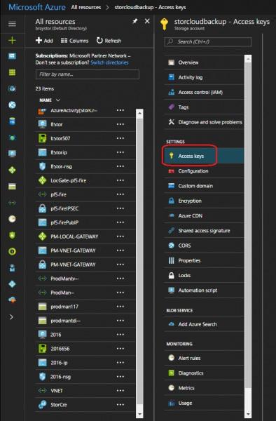 Finding the Azure Account Name and Access Key 1. Login to your Azure Account. 2. Select All resources. 3. Click Access keys under the Settings section of the resources page.