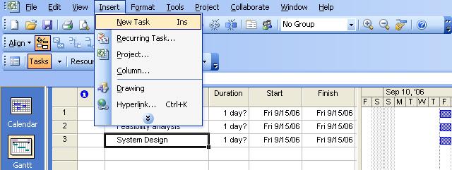 4.8 MEMASUKKAN TUGASAN (Inserting a task) i) Entry table klik pada field utk tugasan(task) baru ii) Klik pada insert menu dan pilih new task. 4.