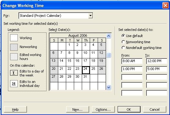 Dialog box bagi Mengubah Masa Bekerja Bagi memulakan base calendar baru : Daripada Tools Menu, klik Change
