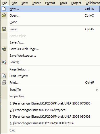 Membina fail baru Pengguna boleh menutup Task Pane dengan menekan butang X pada sebelah kanan atas dan untuk mengaktifkan semula Task Pane ini dengan : Klik menu File Pilih arahan New 2.4.