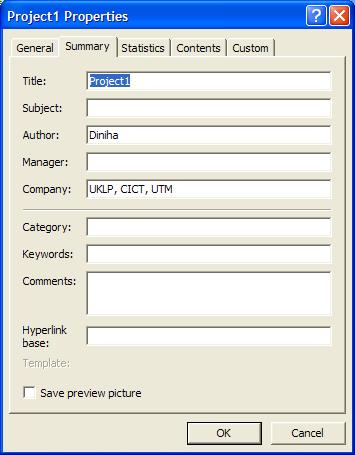 i. Pilih properties daripada menu File ii. Dialog box Properties akan dipaparkan Rajah 3.2.4 : Kekotak dialog Project Properties iii.