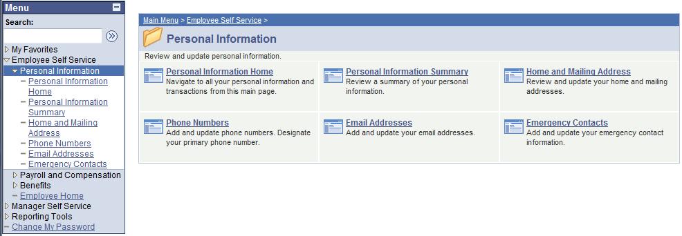 The Personal Information Home link displays a description of the sub options.