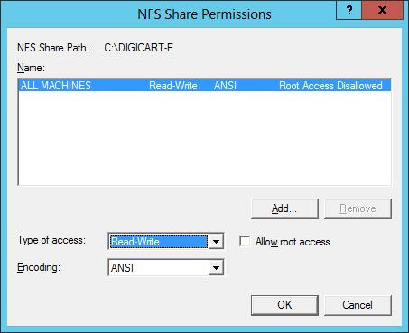 In Type of access select Read-Write. Click OK. Finally, click OK in the NFS Advanced Sharing dialog, and Close in the Properties dialog.