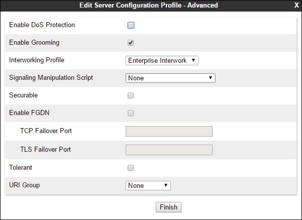 Note Since TLS transport is specified in Step 3, then the Enable Grooming option should be enabled. 7.3.5 Server Configuration Verizon Repeat the steps in Section 7.3.4, with the following changes, to create a Server Configuration for the Avaya SBCE connection to Verizon.