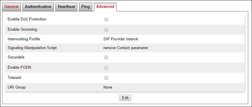 Step 3 - On the Advanced window, enter the following: Select SIP Provider Interwk (created in Section 7.3.2), for Interworking Profile. Select remove Contact parameter (created in Section 7.3.3) for Signaling Manipulation Script.