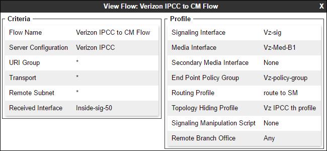 7.5.5 Server Flows For Verizon Step 1 - Repeat steps 1 through 4 from Section 7.5.4, with the following changes: Flow Name: Verizon IPCC to CM Flow. Server Configuration: Verizon IPCC (Section 7.3.5).