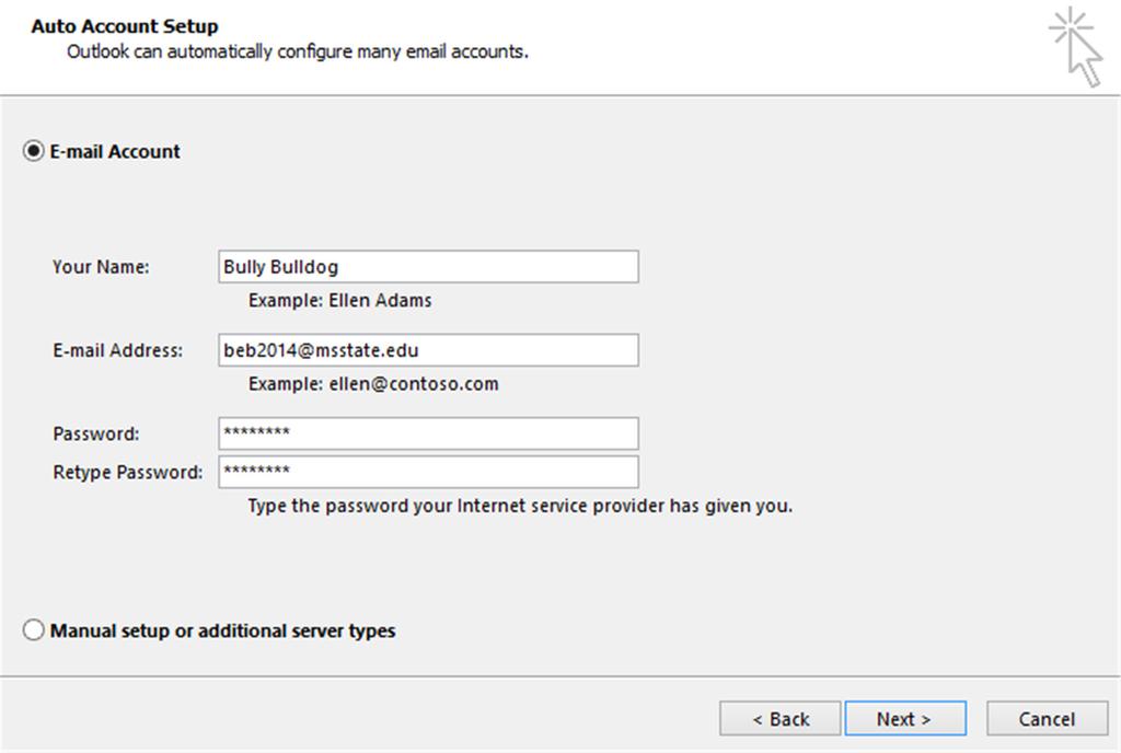 4. In the Auto Account Setup window, enter your