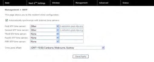 TELSTRA ELITE GATEWAY USER GUIDE 7.4 SIMPLE NETWORK TIME PROTOCOL (SNTP) This screen allows you to configure the time settings of your gateway.