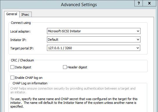 Click Advanced. 58. Select Microsoft iscsi Initiator in the Local adapter text field. Select 127.0.0.1 in the Target portal IP.