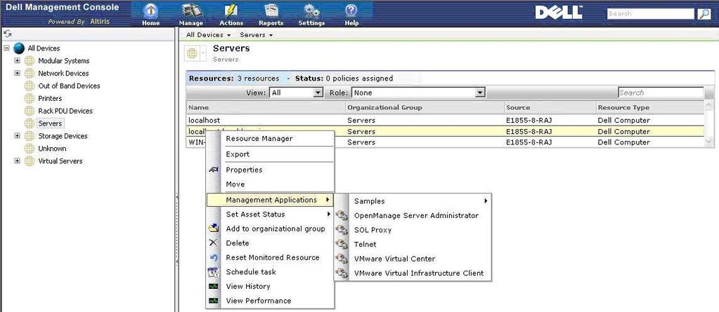 Figure 14: Virtual Machines report showing three guest machines (two running on Classic ESX Host server & one on Hyper-V) Right click actions You can do right click on a discovered Virtual Host