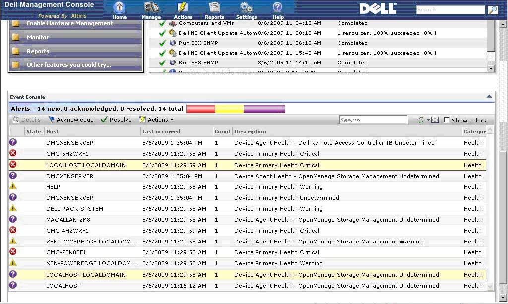 Figure 18: Monitoring Alerts for ESXi host server in the Event Console An undetermined DMCMonitor solution alert indicates that, DMC console is unable to determine the primary health for