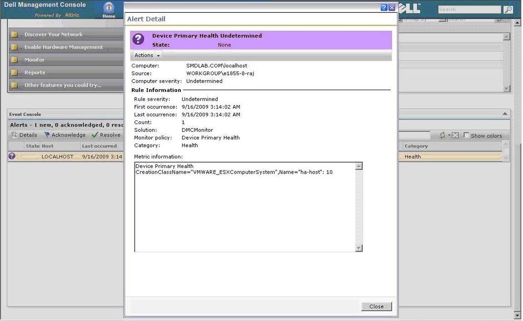 Figure 19: Details of a DMC Monitor solution undetermined alert for ESXi host server indicating the system (Primary health) is in unknown state. References 1. DMC User guides 2.