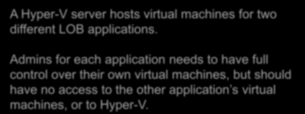Hyper-V Authorization Scenarios Departmental or Service A Hyper-V server hosts virtual machines for two Administrators different LOB applications.