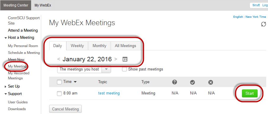 Start a WebEx Meeting To start a meeting simply log into https://ctedu.webex.com/ using your Host account.