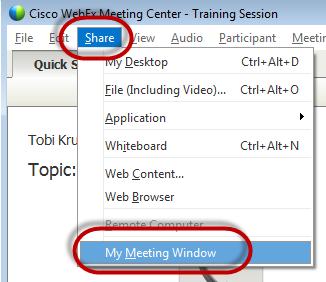 Share Your Meeting Window Sometimes at the beginning of a meeting, one or more participants may be having some trouble locating something on their screen after they ve joined the meeting.