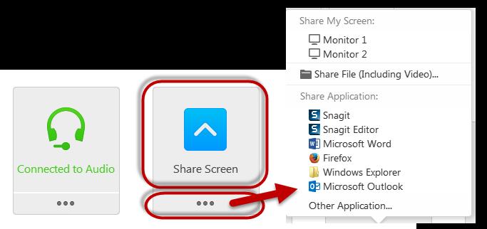 Once the participant is back on track, use one of the other sharing methods below to share other types of content. 1. Select Share from the menu, then My Meeting Window. 2.
