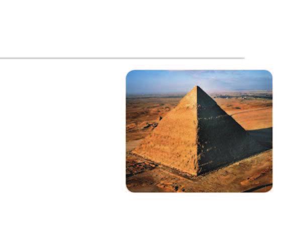 E X A M P L E 2 Use volume of a pyramid ALGERA Originally, the pyramid had height 144 meters and volume 2,226,450 cubic meters. Find the side length of the square base. Solution h Write formula.
