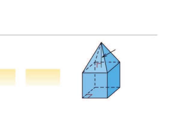 E X A M P L E 4 Find volume of a composite solid Find the volume of the solid shown. Solution 6 m Volume of solid 5 Volume of cube 1 Volume of pyramid 6 m 5 s 3 1 } 1 h 3 Write formulas.