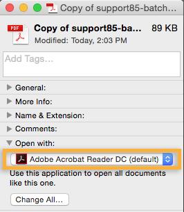 Safari on Mac OS 1. In the Finder, select a PDF, and choose File > Get Info. 2. Click the arrow next to Open With to expose the product menu. 3.