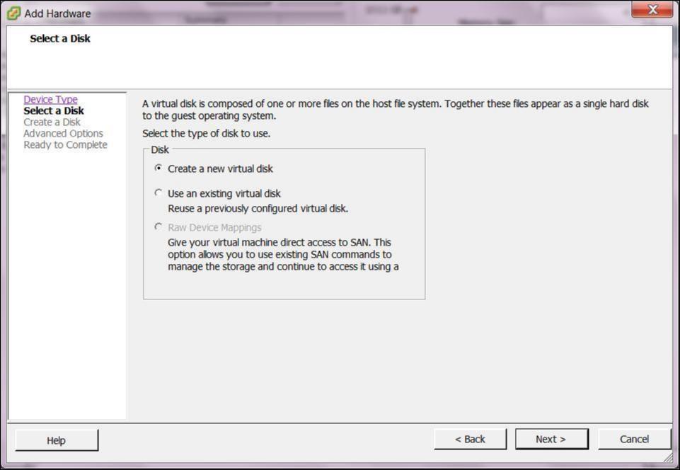 9. On the Select a Disk page, select Create a new virtual disk and