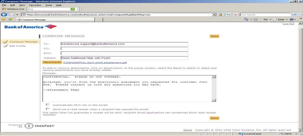 Step Two: Compose your message using the Compose Message window, entering recipients, a subject, and message body.