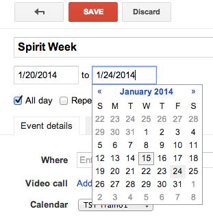 Google Calendar - Creating Multi-day events You may need to create an event that spans a number of days. Events like Right-to- Read Week and Red Ribbon Week are examples of these types of events.