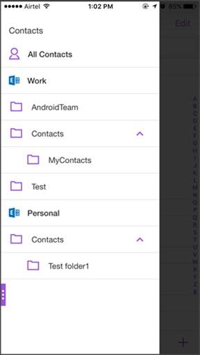 3. To view contacts from a folder or subfolder, tap the respective folder or subfolder.
