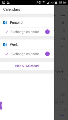 To set colors t o calendar event s 1. Select CALENDAR from menu. 2. Tap on the default color displayed on the right of an Exchange account.