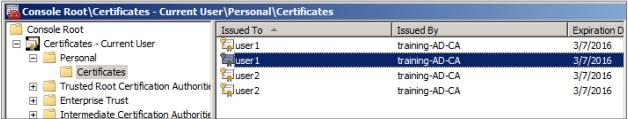Open the MMC console and go to the snap-in for Cert if icat es - Current User. You see both "User1" and User2" pair of certificates. 2.