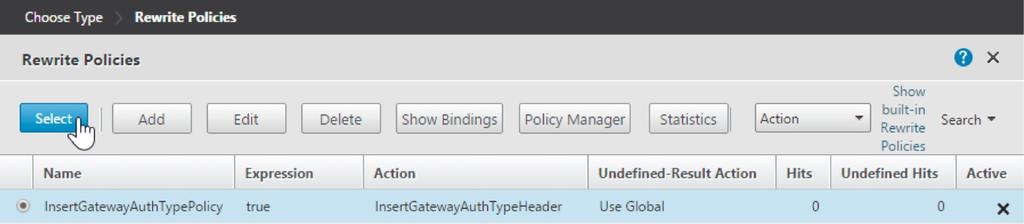 The Policy Binding section expands. 11. Click Select Policy. A screen with available policies appears. 12.