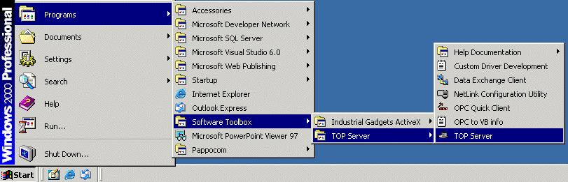 Page 4 of 16 Configuring the TOP Server Open the OPC Server from the Windows Start menu as shown below.