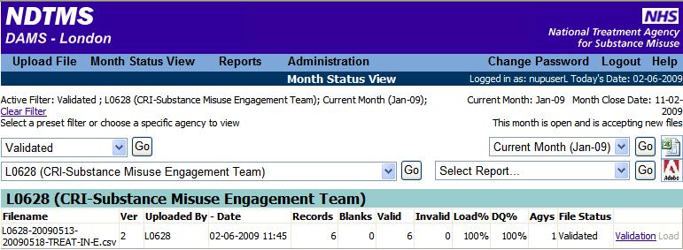 9.3 Applying a filter to the views The user can apply a simple filter to the agency file submissions view (i.e. monthly status view) to narrow down the selection.