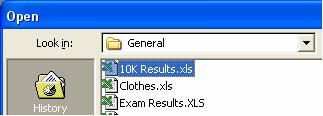 In the Open dialog box, double-click the General folder to show its contents. Notice that the General folder now appears in the Look in box. Now double-click the Exam Results workbook to open it.