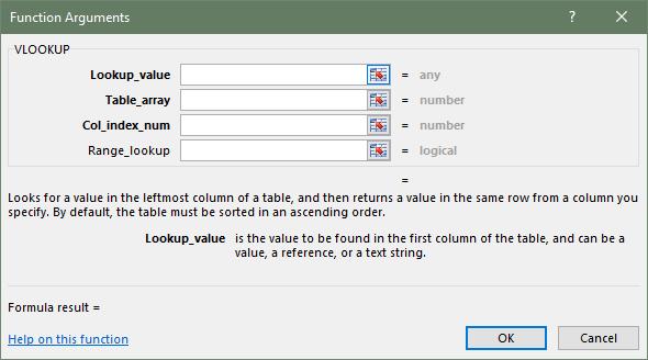 Excel will populate the Function Arguments window with the VLOOKUP Every argument of the VLOOKUP function will be listed on the Function Argument window.
