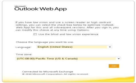 Figure 1: OWA Login If this is your first time logging in, you'll be prompted to select a Language and Time Zone.